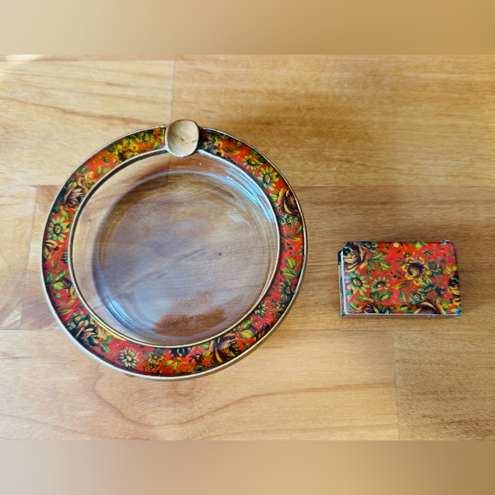Vintage Glass Ashtray Floral Enameled Metal Rose Flower W/ Matching Matchbox - Picture 2 of 4